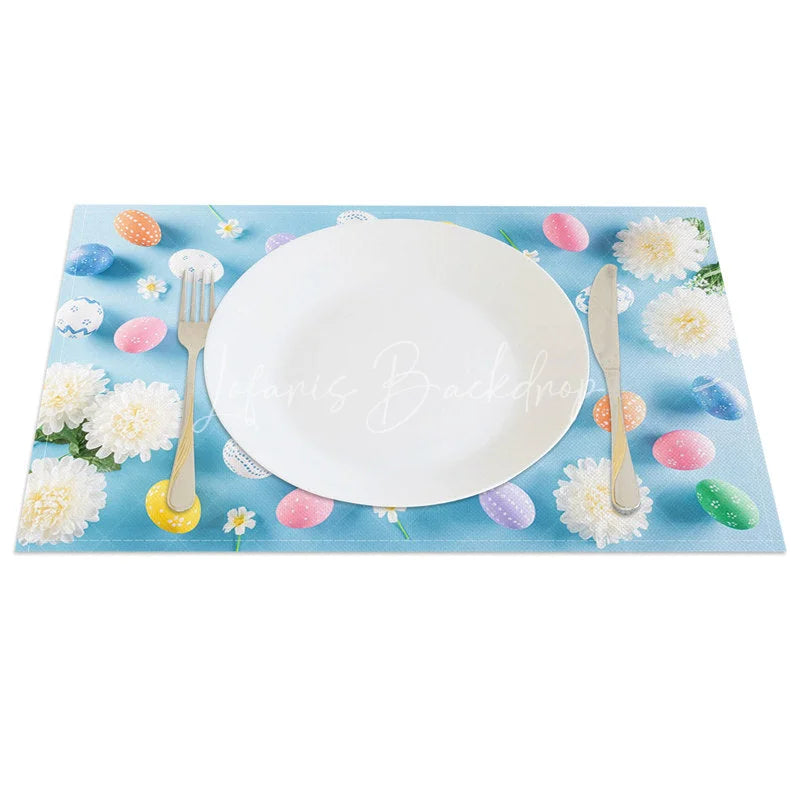 Lofaris Easter Set of 4 Placemats Blue Background White Flowers Pastel Eggs Border Spring Dining Table Mats
