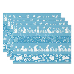 Lofaris Easter Set of 4 Placemats Blue Background White Silhouettes Bunny Egg Border Pattern Dining Table Mats