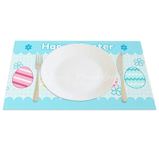 Lofaris Easter Set of 4 Placemats Blue Grid Pattern Eggs Happy School Theme Dining Table Mats