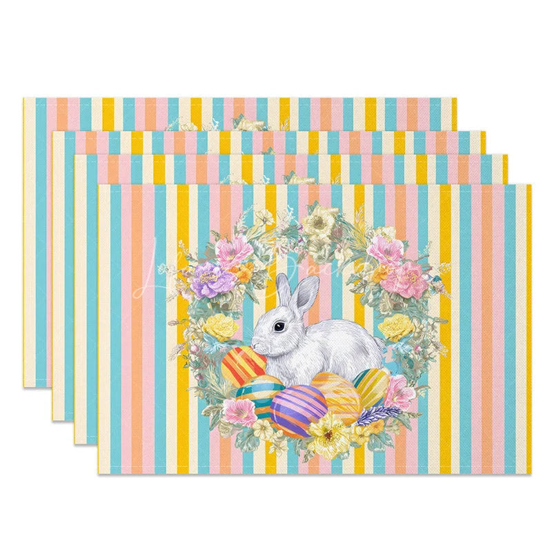 Lofaris Easter Set of 4 Placemats Blue Pink Vertical Stripes Bunny Egg Wreath Dining Table Mats