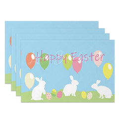 Lofaris Easter Set of 4 Placemats Blue Sky Bunny Silhouettes Happy Balloons Grass Dining Table Mats