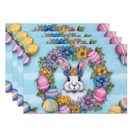 Lofaris Easter Set of 4 Placemats Blue Striped Floral Wreath Realistic White Rabbit Colorful Eggs Dining Table Mats
