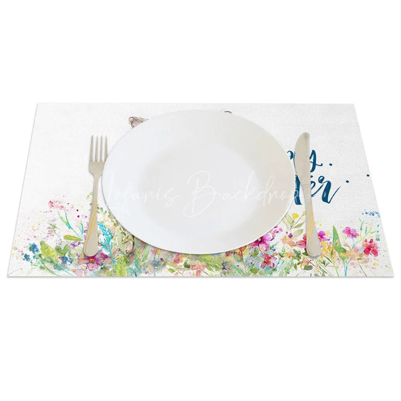 Lofaris Easter Set of 4 Placemats Brown Bunny Wildflowers Blue Happy Text Dining Table Mats