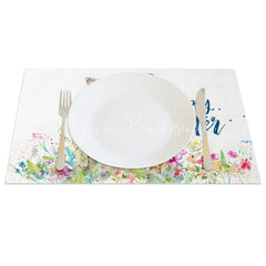 Lofaris Easter Set of 4 Placemats Brown Bunny Wildflowers Blue Happy Text Dining Table Mats