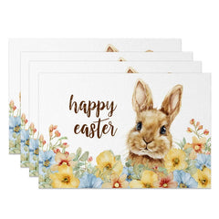 Lofaris Easter Set of 4 Placemats Brown Rabbit Yellow Flowers Happy Spring Dining Table Mats