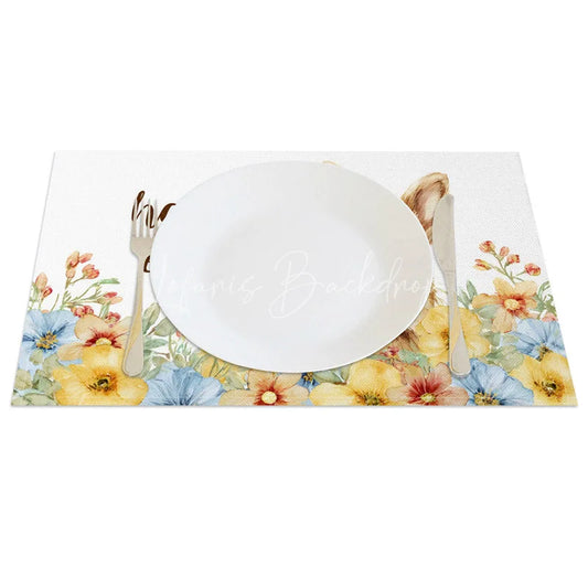 Lofaris Easter Set of 4 Placemats Brown Rabbit Yellow Flowers Happy Spring Dining Table Mats