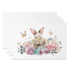 Lofaris Easter Set of 4 Placemats Bunny Flower Crown Pink Floral Butterfly Spring Dining Table Mats