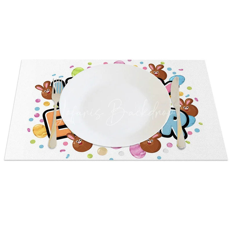 Lofaris Easter Set of 4 Placemats Colorful Bubble Text Chocolate Bunny Happy Confetti Table Mats