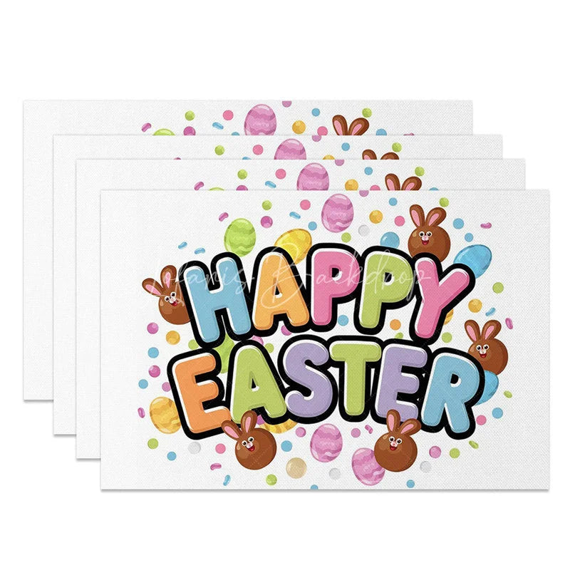 Lofaris Easter Set of 4 Placemats Colorful Bubble Text Chocolate Bunny Happy Confetti Table Mats