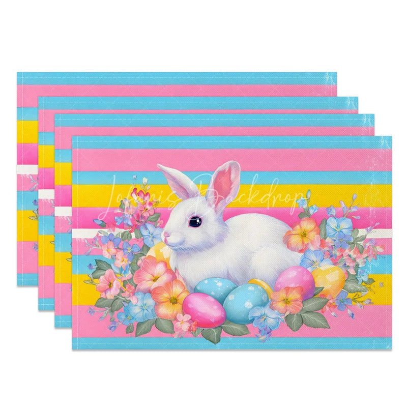 Lofaris Easter Set of 4 Placemats Colorful Stripes White Rabbit Floral Wreath Dining Table Mats