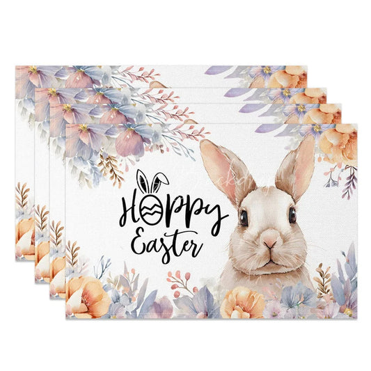 Lofaris Easter Set of 4 Placemats Cute Bunny Face Close Up Hoppy Floral Dining Table Mats