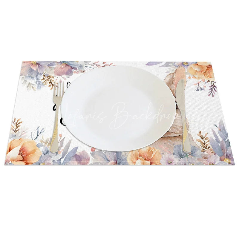 Lofaris Easter Set of 4 Placemats Cute Bunny Face Close Up Hoppy Floral Dining Table Mats