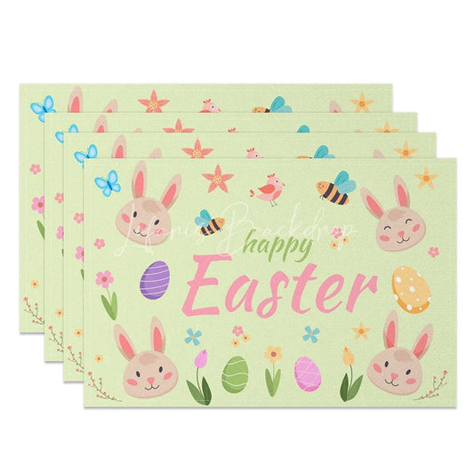 Lofaris Easter Set of 4 Placemats Cute Bunny Faces and Bees Happy Green Spring Dining Table Mats