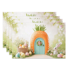 Lofaris Easter Set of 4 Placemats Fantasy Carrot House White Bunny Basket Eggs Garden Dining Table Mats