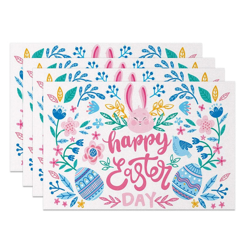 Lofaris Easter Set of 4 Placemats Floral Bunny Face Wreath Spring Happy Day Dining Table Mats
