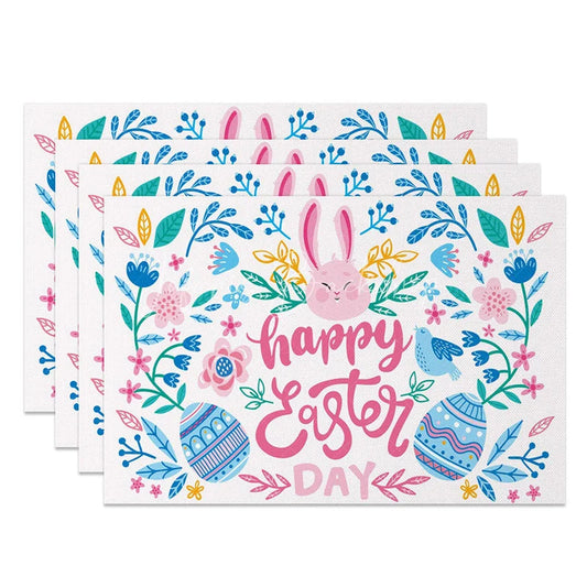 Lofaris Easter Set of 4 Placemats Floral Bunny Face Wreath Spring Happy Day Dining Table Mats