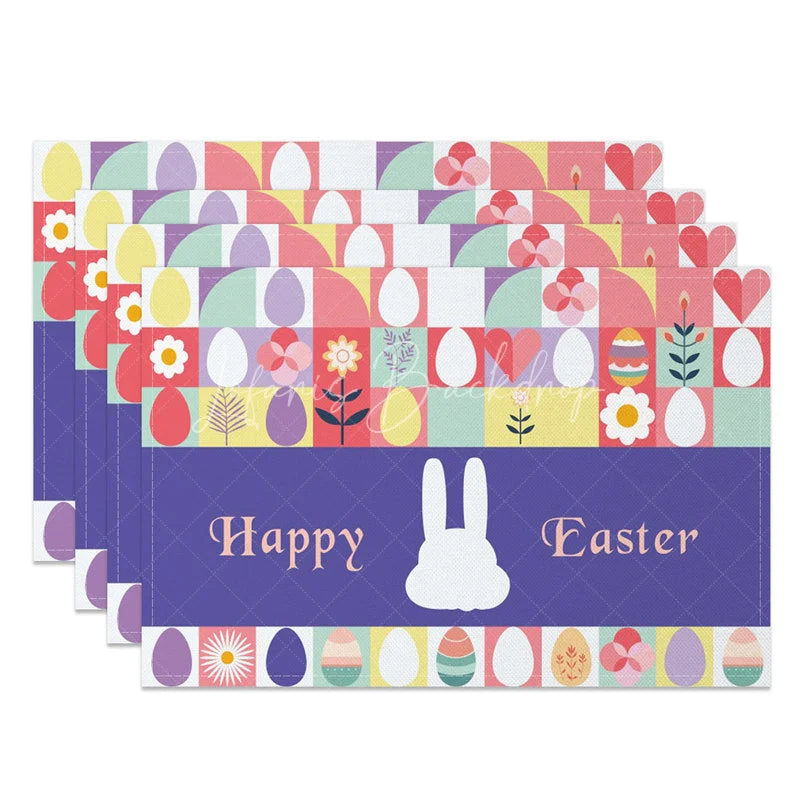 Lofaris Easter Set of 4 Placemats Geometric Modern Art Eggs Purple Happy Bunny Dining Table Mats