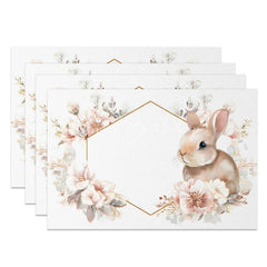 Lofaris Easter Set of 4 Placemats Gold Hexagon Geometric Frame Pink Floral Bunny Dining Table Mats