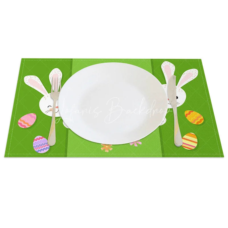 Lofaris Easter Set of 4 Placemats Green Background Peeking Bunnies Happy Colorful Eggs Dining Table Mats
