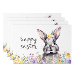 Lofaris Easter Set of 4 Placemats Grey Bunny Portrait Happy Purple Floral Dining Table Mats