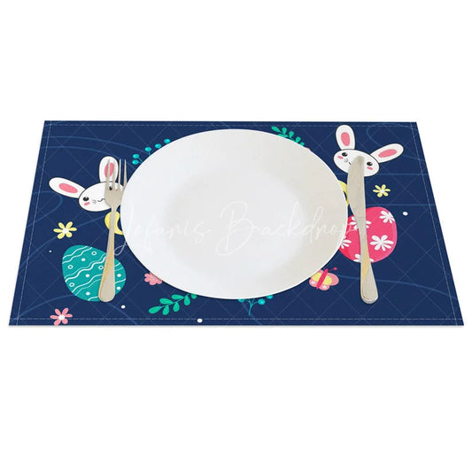 Lofaris Easter Set of 4 Placemats Navy Blue Happy Bright Bunny Eggs Floral Dining Table Mats