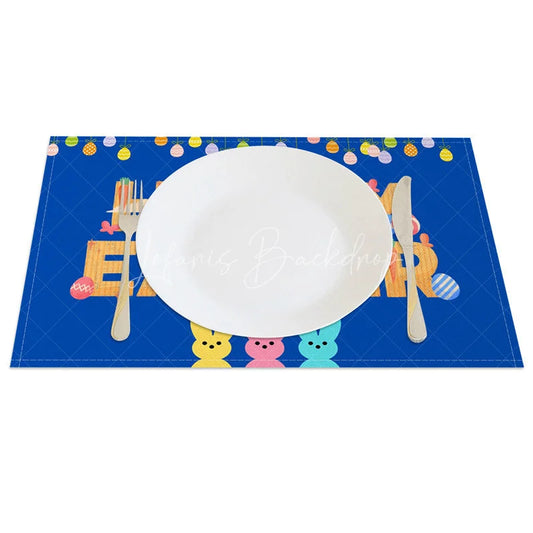 Lofaris Easter Set of 4 Placemats Navy Blue Happy Hanging Eggs Candy Bunny Kids Party Table Mats