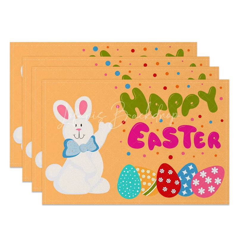 Lofaris Easter Set of 4 Placemats Orange Background White Bunny Happy Colorful Eggs Dining Table Mats