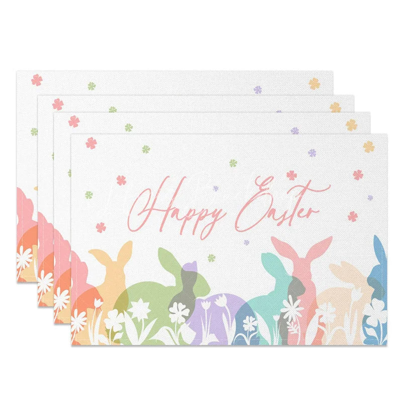 Lofaris Easter Set of 4 Placemats Pastel Bunny Silhouettes Happy Floral White Dining Table Mats