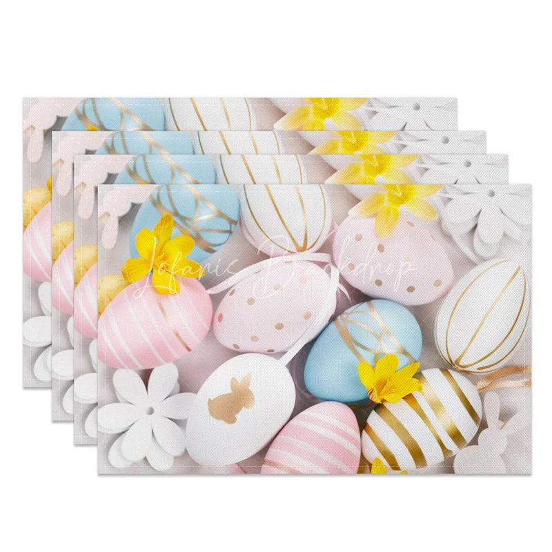 Lofaris Easter Set of 4 Placemats Pastel Gold Striped Eggs Elegant White Flower Spring Dining Table Mats