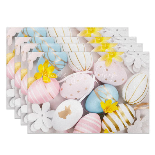 Lofaris Easter Set of 4 Placemats Pastel Gold Striped Eggs Elegant White Flower Spring Dining Table Mats