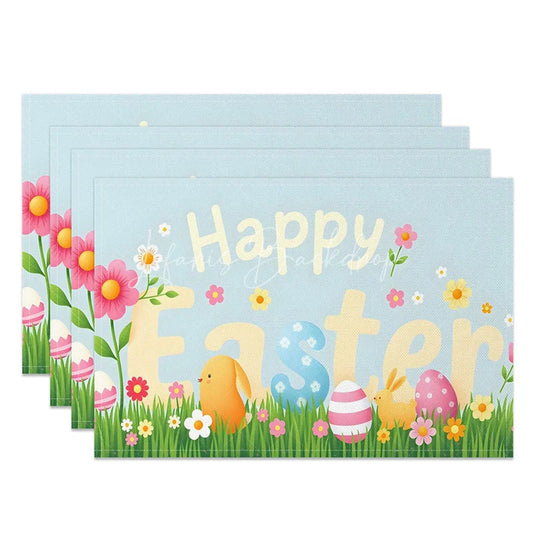 Lofaris Easter Set of 4 Placemats Pastel Happy Text Spring Grass Chick Dining Table Mats
