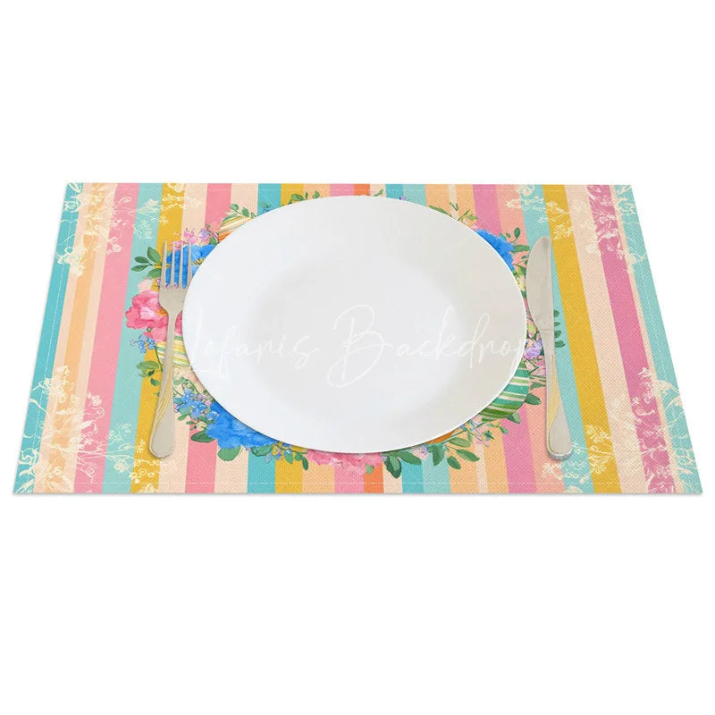 Lofaris Easter Set of 4 Placemats Pastel Vertical Stripes Bunny Floral Wreath Dining Table Mats