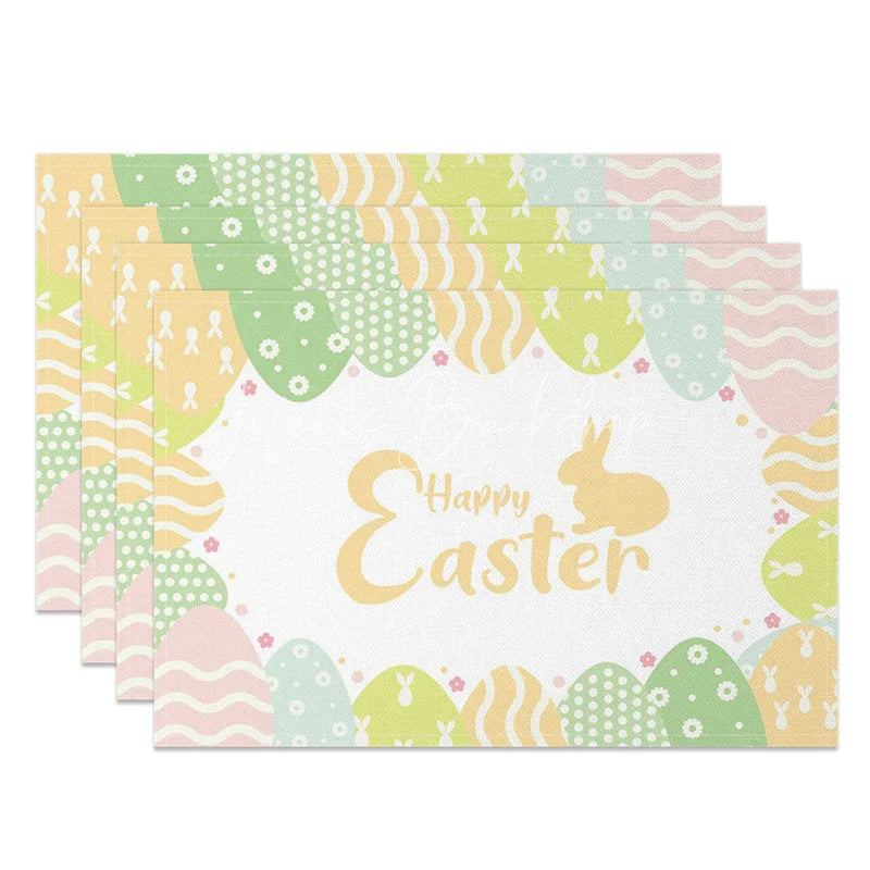 Lofaris Easter Set of 4 Placemats Pastel Wavy Scale Pattern Gold Happy Bunny Dining Table Mats