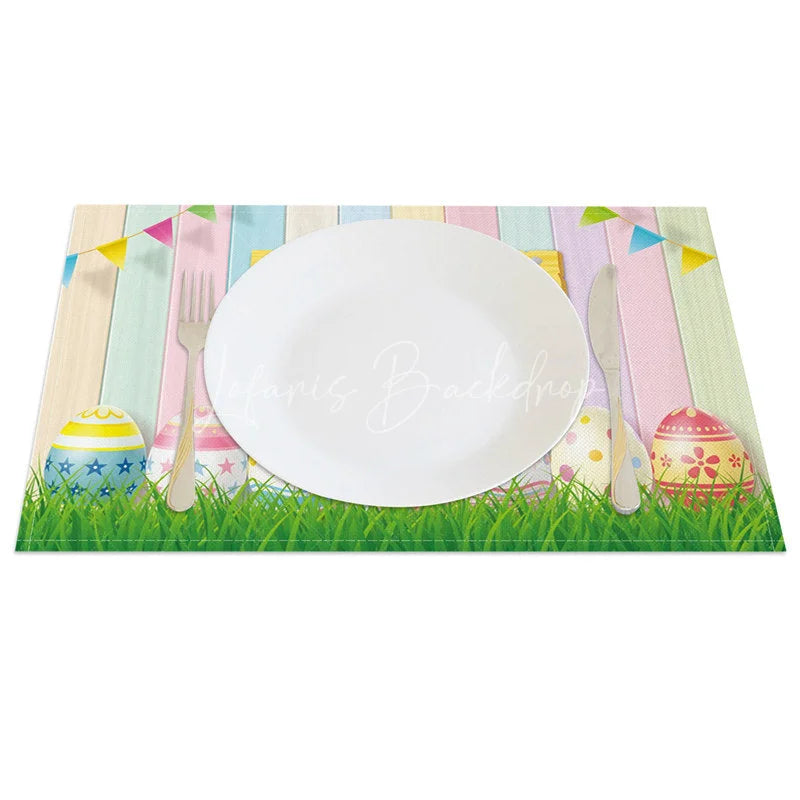 Lofaris Easter Set of 4 Placemats Pastel Wood Plank Texture Happy Sign Eggs Grass Dining Table Mats