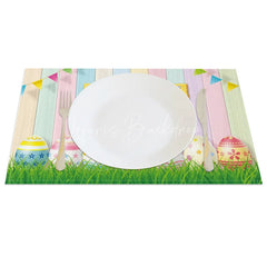 Lofaris Easter Set of 4 Placemats Pastel Wood Plank Texture Happy Sign Eggs Grass Dining Table Mats