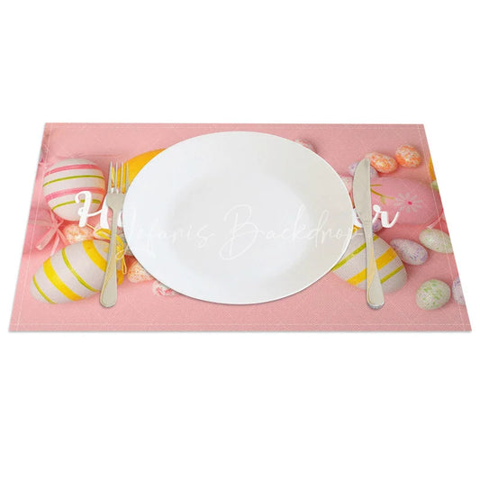 Lofaris Easter Set of 4 Placemats Pink Background Colorful Eggs Realistic Happy Dining Table Mats