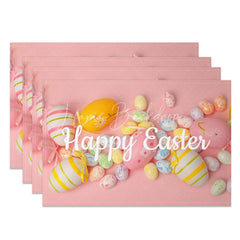 Lofaris Easter Set of 4 Placemats Pink Background Colorful Eggs Realistic Happy Dining Table Mats