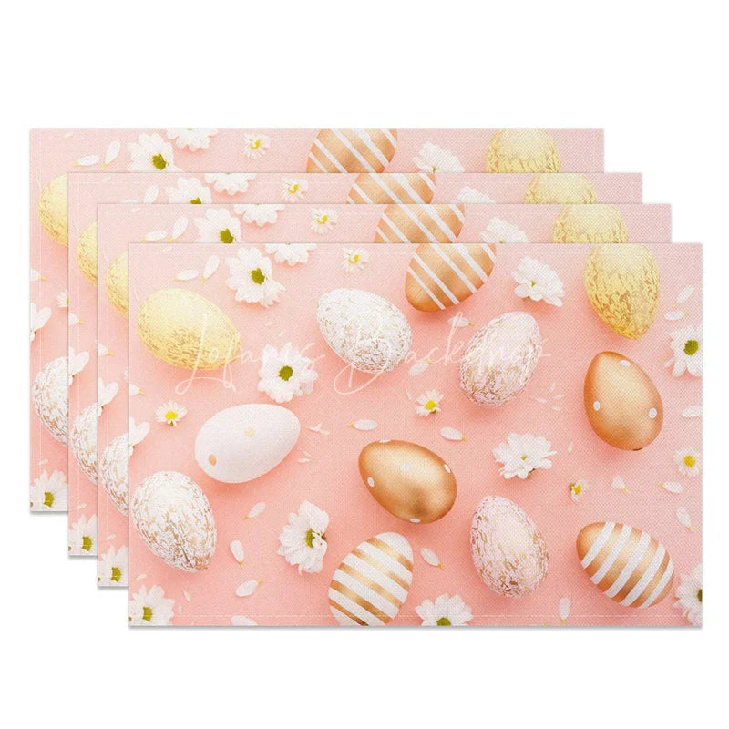 Lofaris Easter Set of 4 Placemats Pink Background Gold Eggs Luxury White Daisy Floral Dining Table Mats