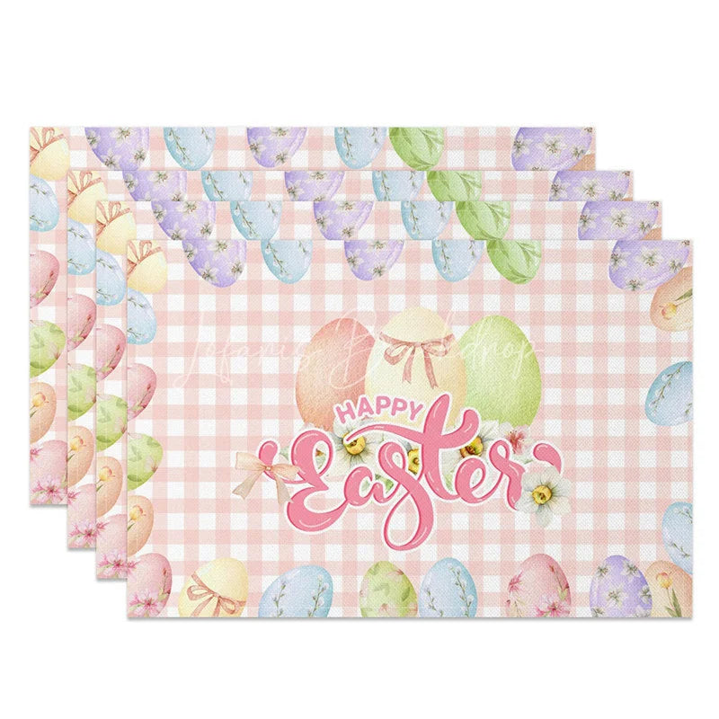Lofaris Easter Set of 4 Placemats Pink Gingham Checkered Eggs Happy Plaid Dining Table Mats