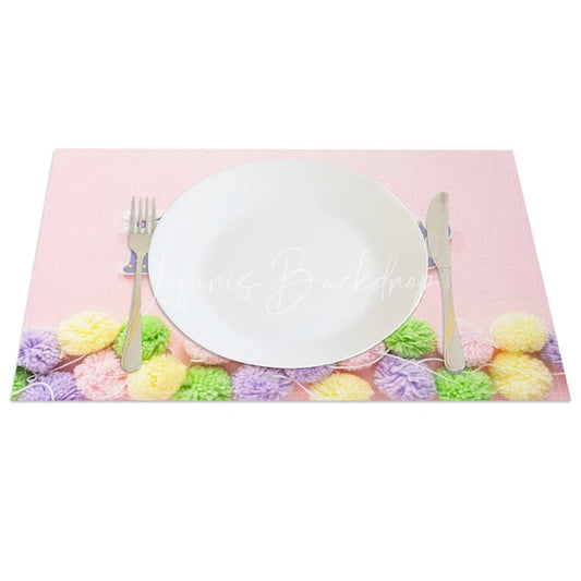 Lofaris Easter Set of 4 Placemats Pink Pom Yarn Balls Cute Craft Text Dining Table Mats