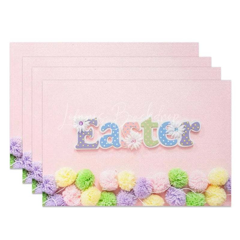 Lofaris Easter Set of 4 Placemats Pink Pom Yarn Balls Cute Craft Text Dining Table Mats