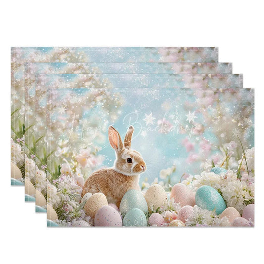 Lofaris Easter Set of 4 Placemats Realistic Brown Bunny Eggs Dreamy Blue Spring Floral Dining Table Mats