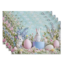 Lofaris Easter Set of 4 Placemats Realistic Bunnies Pastel Eggs Spring Wildflower Blue Photography Dining Table Mats