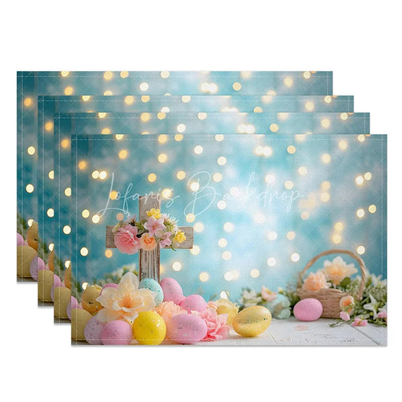 Lofaris Easter Set of 4 Placemats Religious Wooden Cross Blue Bokeh Flowers Eggs Dining Table Mats