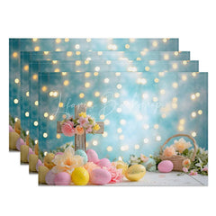 Lofaris Easter Set of 4 Placemats Religious Wooden Cross Blue Bokeh Flowers Eggs Dining Table Mats
