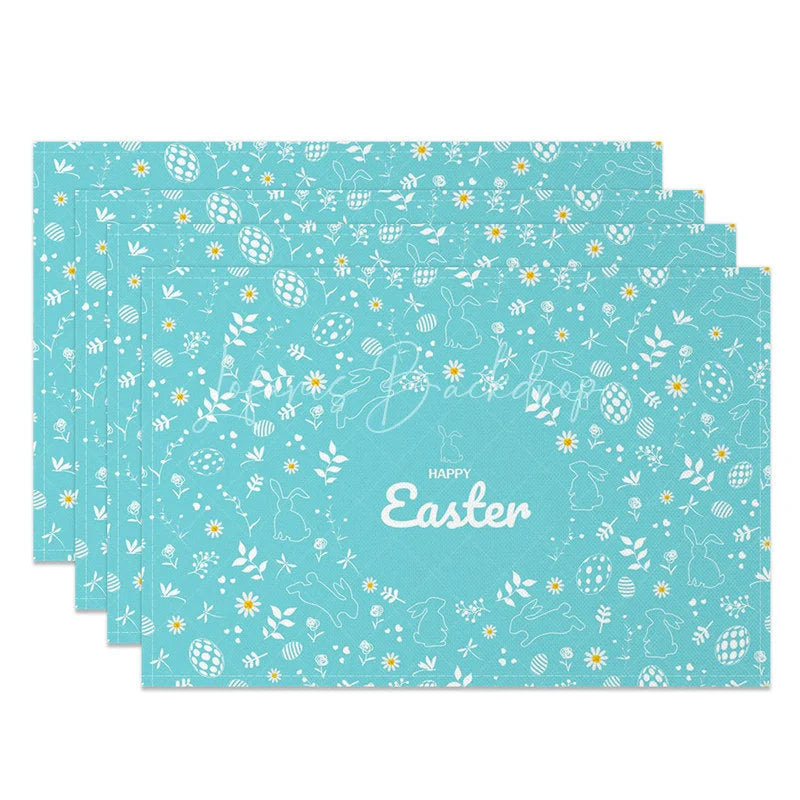 Lofaris Easter Set of 4 Placemats Teal Blue White Line Art Happy Bunny Floral Pattern Dining Table Mats