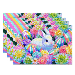 Lofaris Easter Set of 4 Placemats Vibrant Colorful Flowers Bunny Rainbow Striped Eggs Spring Dining Table Mats