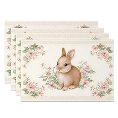 Lofaris Easter Set of 4 Placemats Vintage Pink Rose Border Brown Bunny Classic Dining Table Mats
