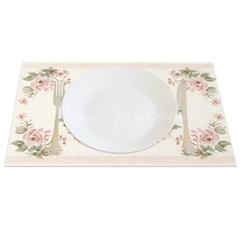 Lofaris Easter Set of 4 Placemats Vintage Pink Rose Border Brown Bunny Classic Dining Table Mats