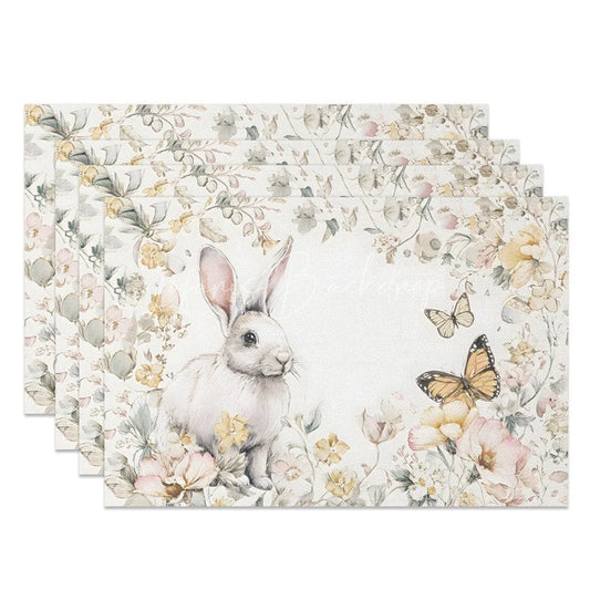 Lofaris Easter Set of 4 Placemats Vintage Watercolor Bunny Monarch Butterfly Floral Border Table Mats